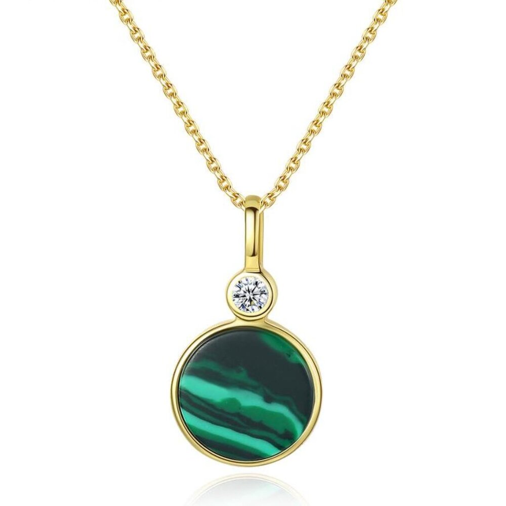 18KY Gold Plated over Sterling Silver Malachite and CZ Necklace